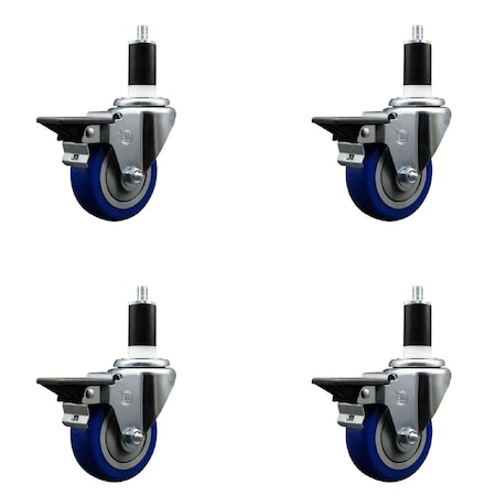 Service Caster 3.5'' Blue Poly Swivel 1-3/8'' Expanding Stem Caster Set with Brake, 4PK SCC-EX20S3514-PPUB-BLUE-PLB-138-4
